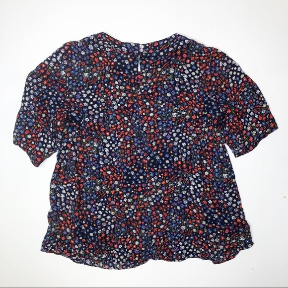 Gap Pintuck Mini Floral Flowy Blouse Short Sleeve Blue M - Picture 2 of 7